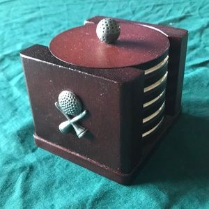 Golf coaster set. Five coasters w/ wooden holder.